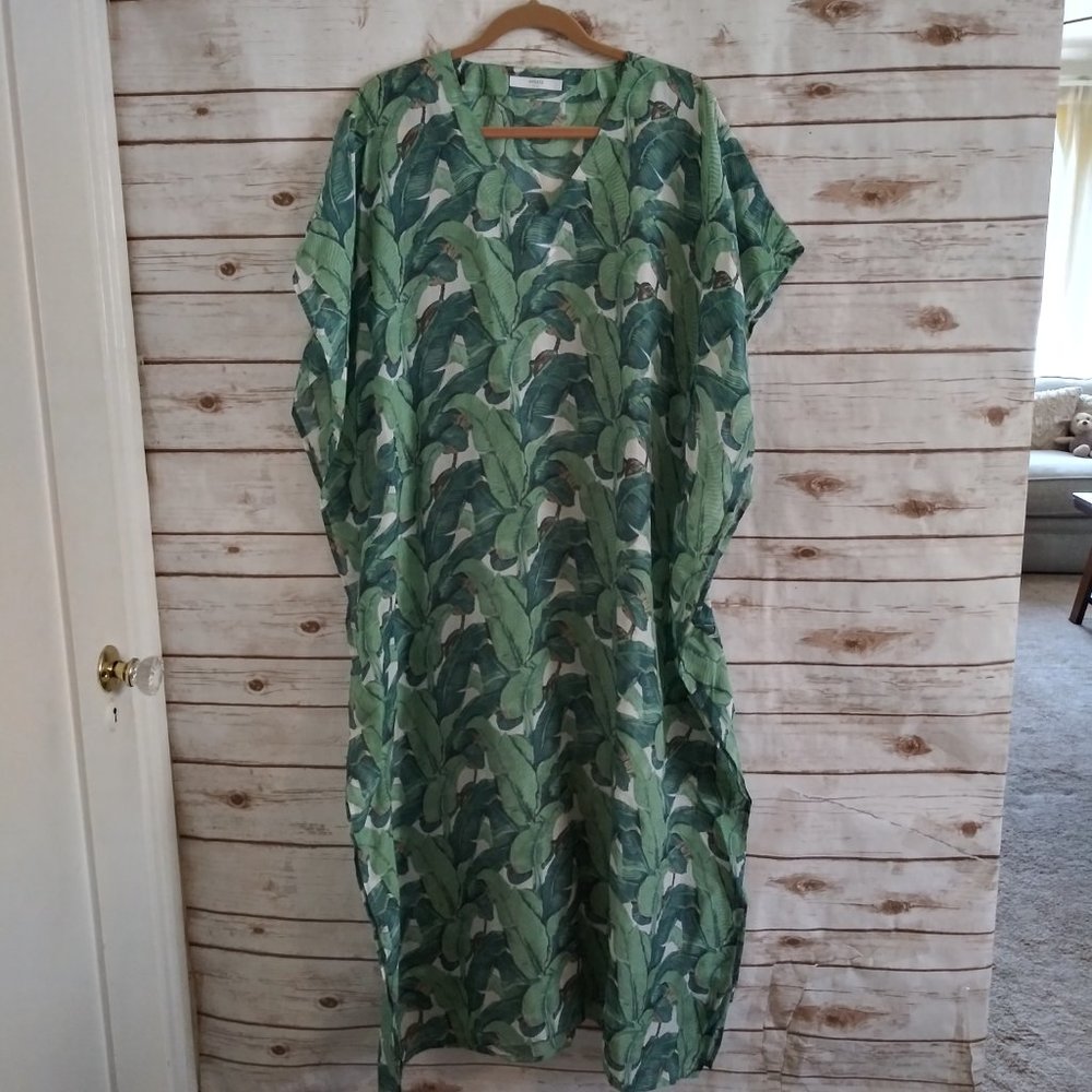 Ayaeo Botanical Palm Green Silk 100% Kaftan Dress Cover Up Size Small / Medium - Picture 3 of 11